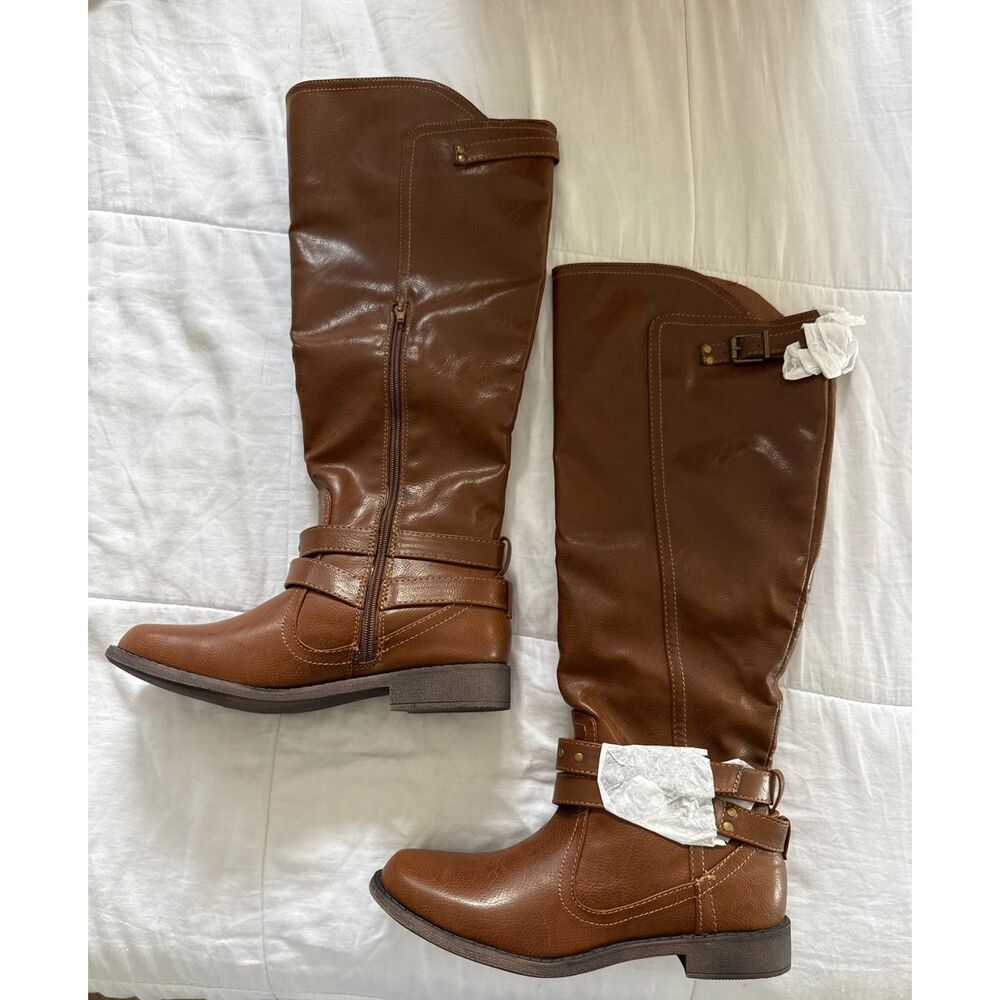 Brown Faux Leather Knee High Riding Boots Buckle Straps Size 8.5